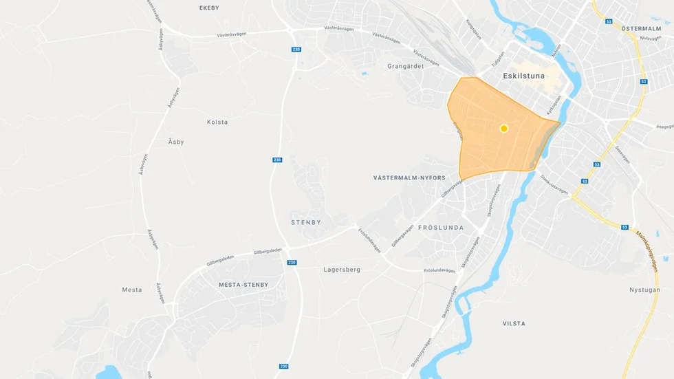 På sin hemsida markerar Eskilstuna Energi och miljö området som berördes av måndagens avstängning.