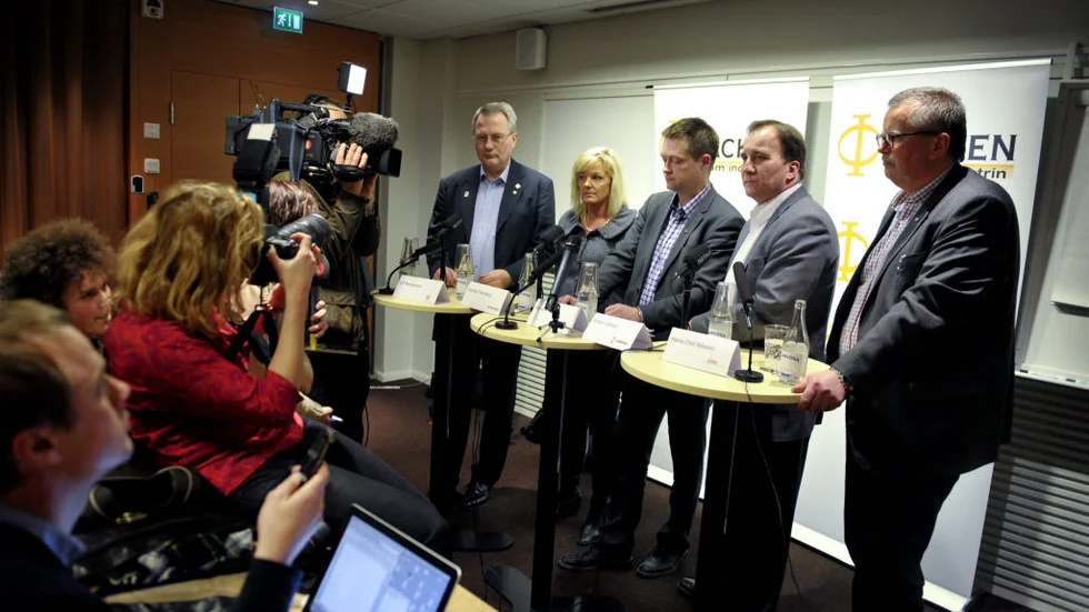 Ordförandena för Sveriges Ingenjörer, Unionen, GS, IF Metall samt Livs när de i onsdags sade nej till medlarbudet. Svensk industri är nu avtalslös, vilket inte är bra i ett redan kritiskt läge.Foto: Jessica Gow/SCANPIX