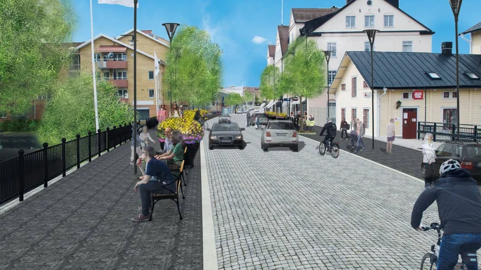 Gångfart. Så här ser visionen ut för Kungsvägen i programmet "Vi möts i Mjölby". Ilustration: Fjäll Design