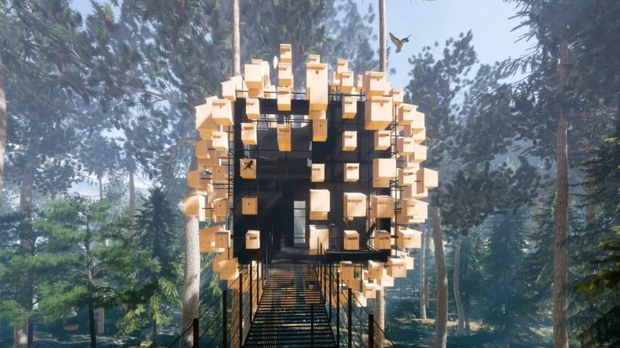 Rummet "Biosphere" har en fasad som består av fågelholkar.
