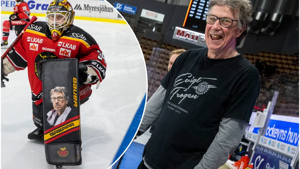  Peter ”Greppa” Åström hyllas för sina 50 år i Luleå Hockey. "Greppa" tog plats på Joel Lassinanttis benskydd i matchen mot Malmö.
