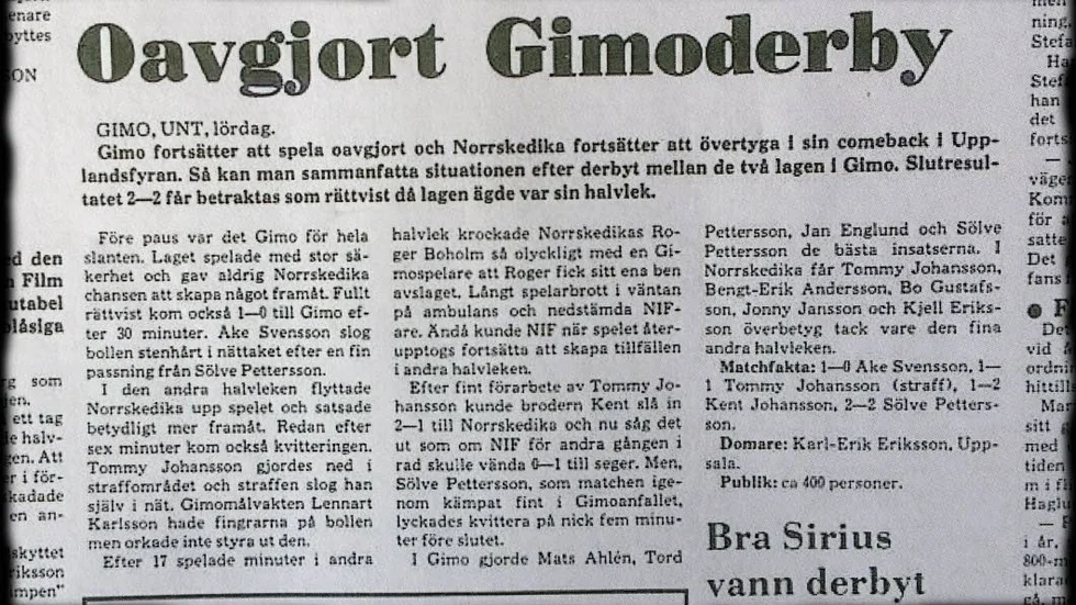 UNT 19 maj 1980. Gimo och Norrskedika har spelat oavgjort i ett mycket hett derby på Idrottsgården.