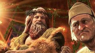 Jim Carrey spelar både Scrooge och julens spöken - här Nuvarande julars ande - i Disneys skarpa version av Dickens En julsaga.