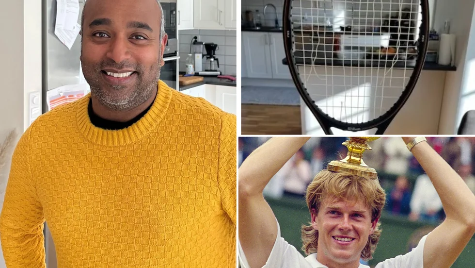 Per Blom tänker att auktionera ut ett av Stefan Edbergs racket från Wimbledon-segern 1988.