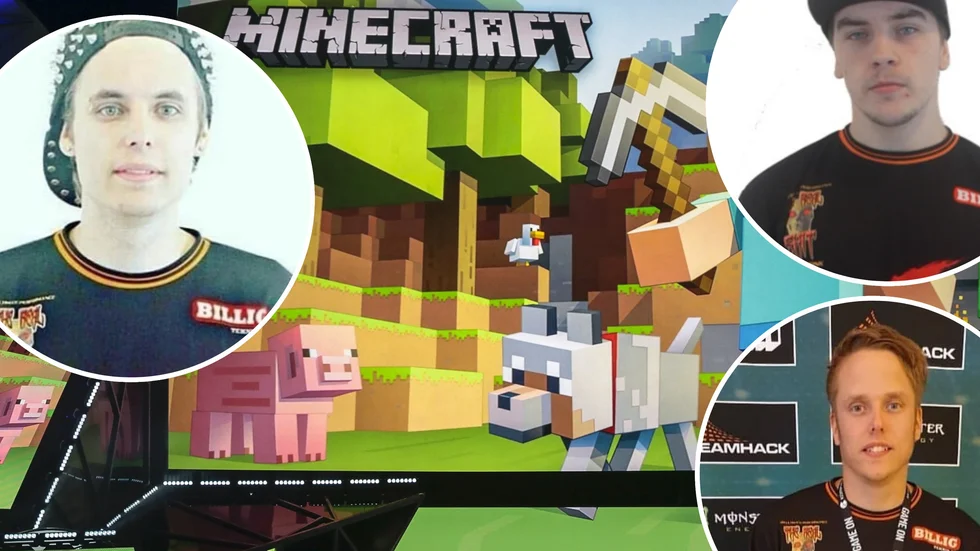 Strängnäskillarna Daniel (till vänster) och Robert Salenius (nederst till höger) samt Fredrik Hellestedt var del av den grupp som byggde Elmiamässan i Minecraft.
