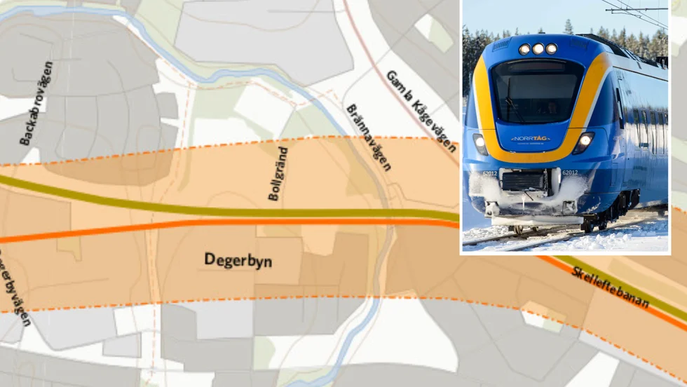 Det stora fältet markerar korridoren där banan planeras gå. Den undre orange linjen är dagens spår och den beige linjen är väg 95.