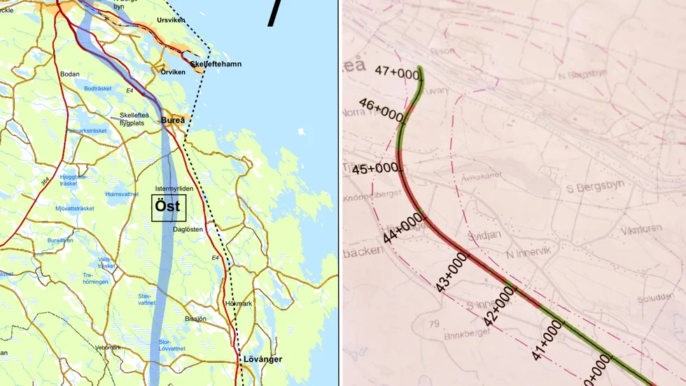 Bilden till vänster visar den beslutade korridoren. Till höger är korridoren som löper strax söder om älven markerad med streck. Den rödgröna linjen är ett av flera möjliga dragningar av spåret.