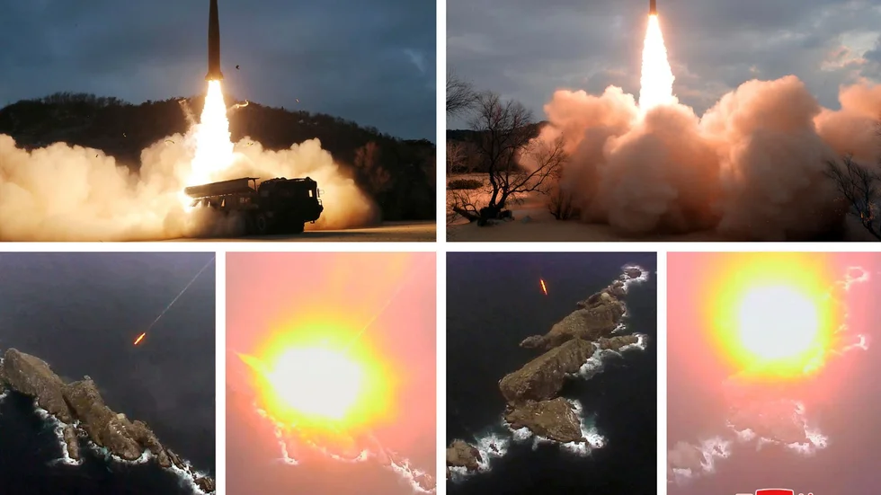 Den här kombinationen av bilder uppges av Nordkorea vara testskjutningar av robotar i torsdags.