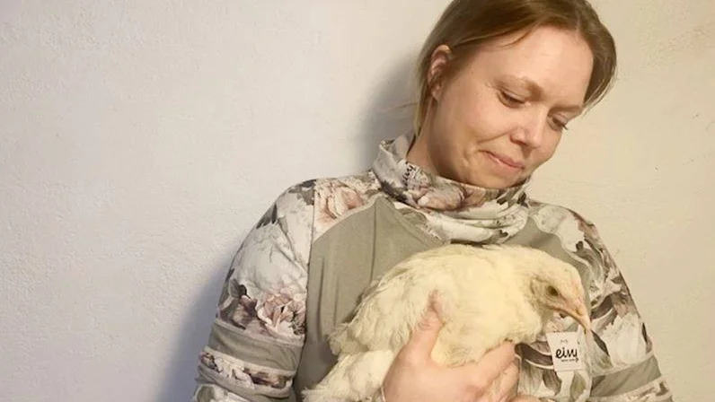 Camilla Augustsson, Jävre, har tagit hand om hönan Vanilj som irrade kring en busskur i centrala Öjebyn. "Kollegorna på polisen ringde mig för de vet att jag har hönor", säger hon.