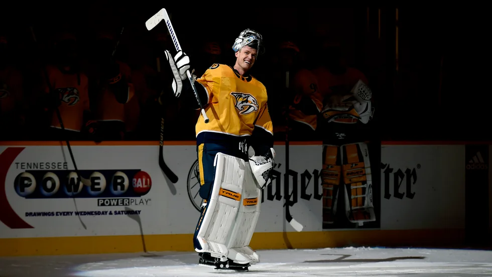 Nashville hyllar den tidigare målvakten Pekka Rinne. Arkivbild.