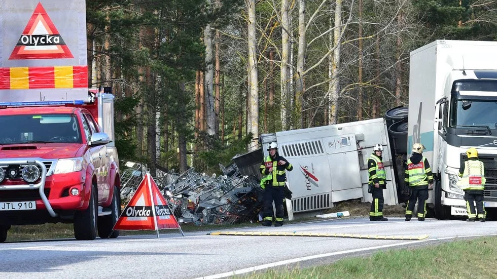 Mängder av mat föll ut ur lastbilens släp i samband med singelolyckan på väg 53 på söndagsförmiddagen.