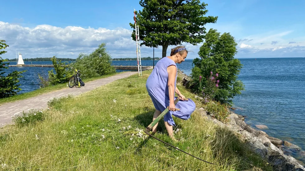 "Det är blåsigt, så mycket har lagt sig. Så jag använder trimmern också", erkänner Lena Björnberg, som hjälper till att sköta om ängen på piren.