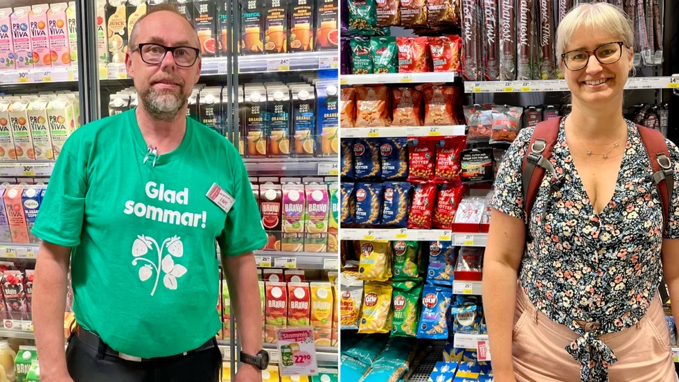 Till vänster: Lars Karlsson, butikschef på Ica nära, i Katrineholm. Till höger: Lena Adem som inhandlar fredagsmyset.