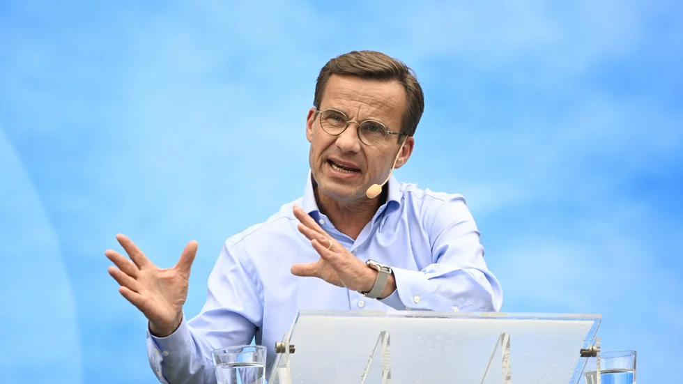 Moderatledaren Ulf Kristersson talade på Almedalsveckans scen i Visby under måndagen. 