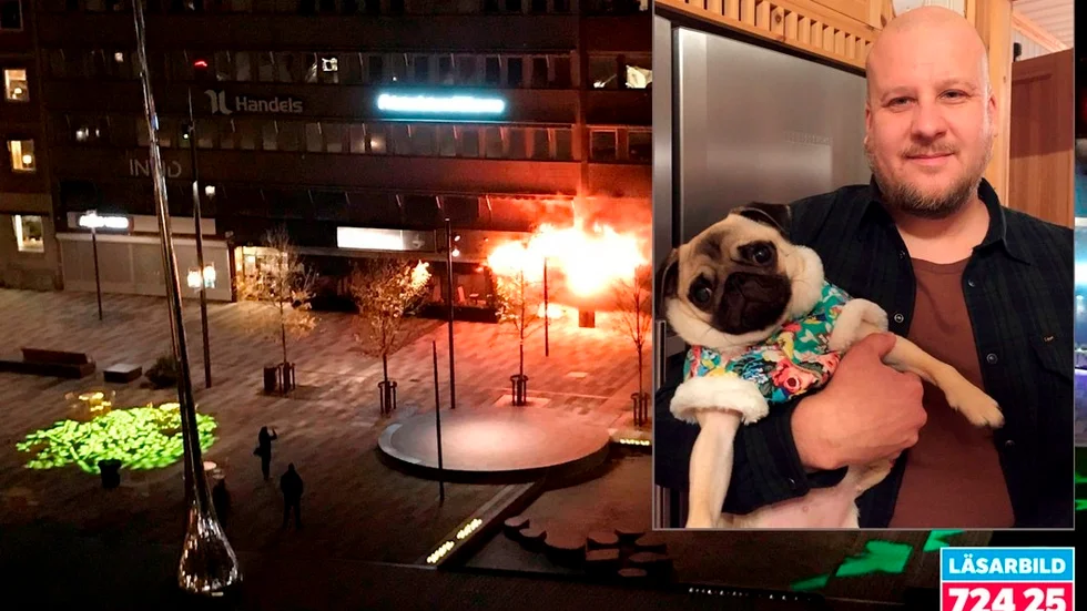 Petri Meldo, här med hunden Sigrid, blev vittne till branden på restaurang Finjan vid Fristadstorget i Eskilstuna den 24 oktober i år.