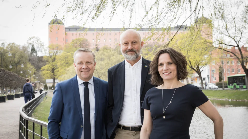 Moderaternas toppkandidater till riksdagen från Uppsala län: Fredrik Ahlstedt, Stefan Olsson och Jessika Roswall.