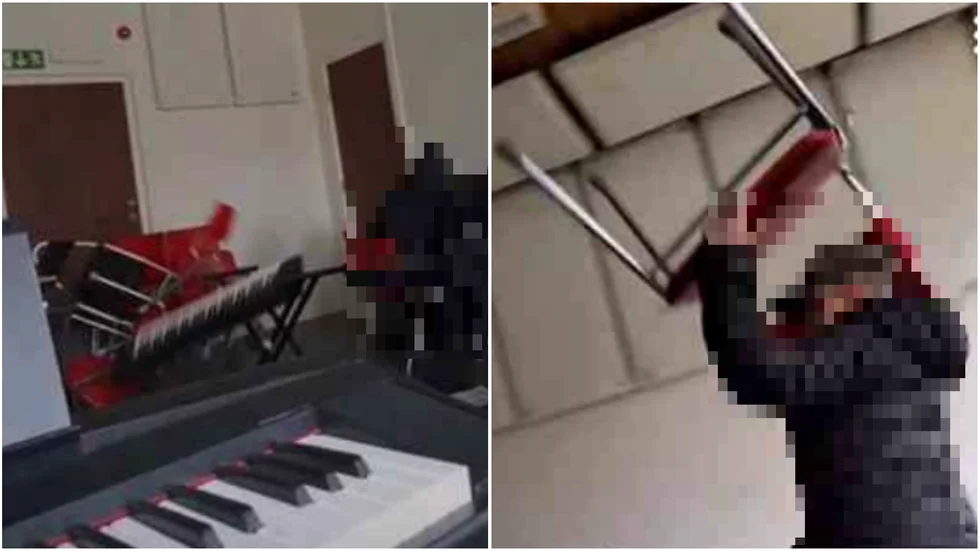 Åklagarens bevismaterial består bland annat av en videofilm, där det syns att eleven kastar iväg en stol som träffar ett musikinstrument.
