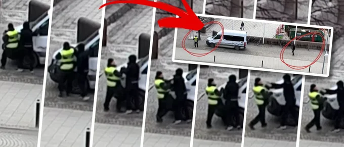 Här går taxiföraren till angrepp mot p-vakten – se klippet