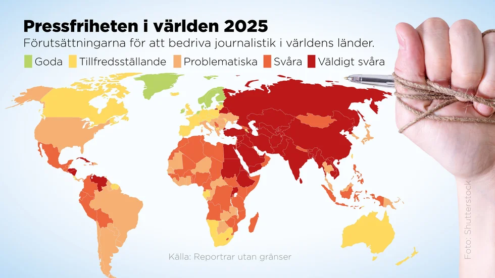 Förutsättningarna för att bedriva journalistik i världens länder enligt Reportrar utan gränser.