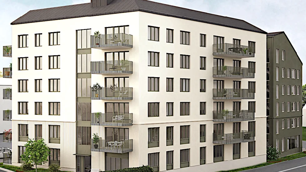 Båda husen blir i sex plan, inklusive markplan. Illustrationen visar fasaden mot Västra Tullportsgatan. Den vita delen är bostadsrätterna.