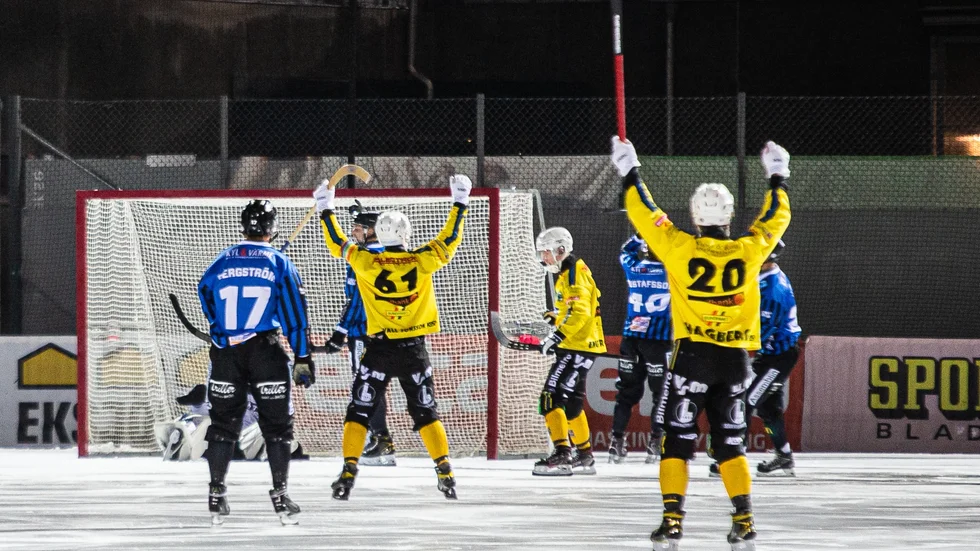 Brobergsjubel efter ett av de tre målen under första halvlek mot Sirius. Söderhamnslaget vann med 5-2 mot Sirius.