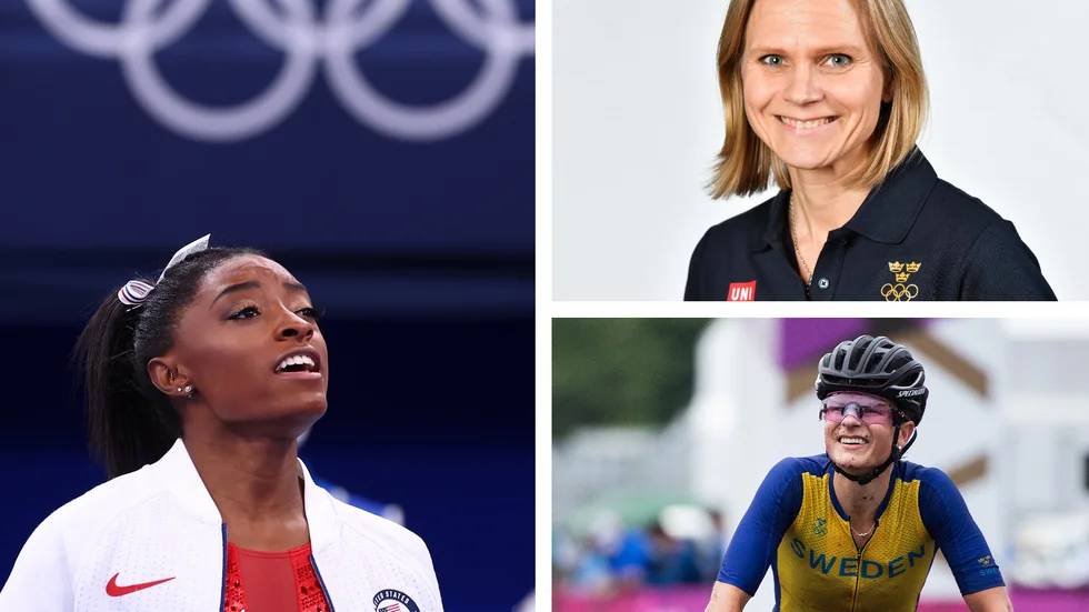 Simone Biles och Jenny Rissveds har vittnat om problem med psykisk ohälsa. Carolina Lundqvist, upp till höger, är prestationspsykolog för svenska OS-truppen.