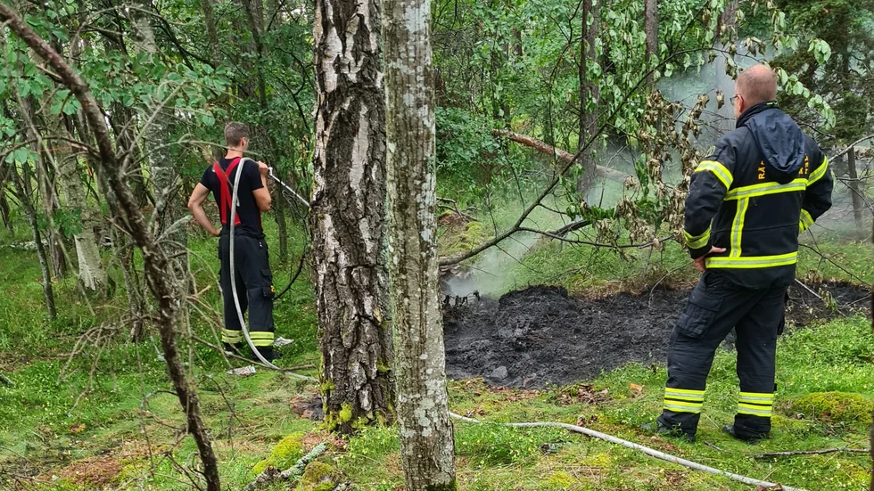 Räddningstjänsten släcker gräsbranden på Storö.