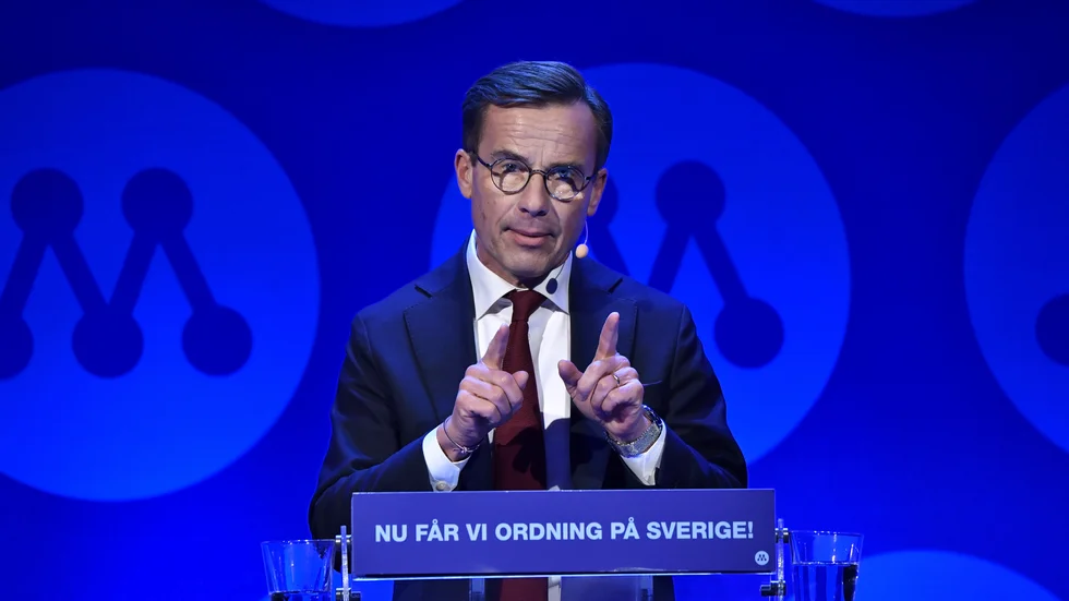 Partiledare Ulf Kristersson talar vid Moderaternas arbetsstämma på Clarion Hotel Sea U i Helsingborg på lördagen.