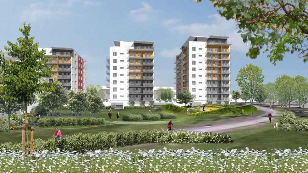 Visionsbild över de nya lägenhetskomplex som Qressida kommer att upprätta i centrala Skutskär.