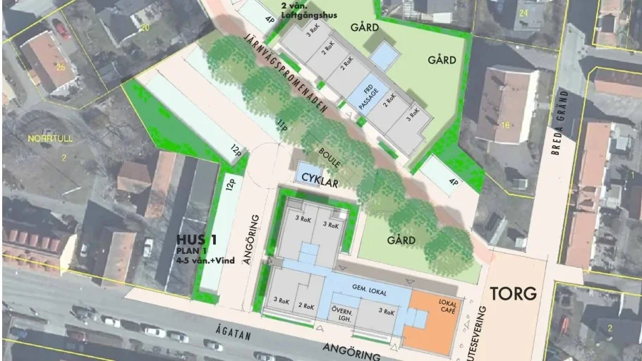 Så här vill Riksbyggen bygga vid gamla brandstationen. Det bortre huset ligger där det idag är en förskola. 