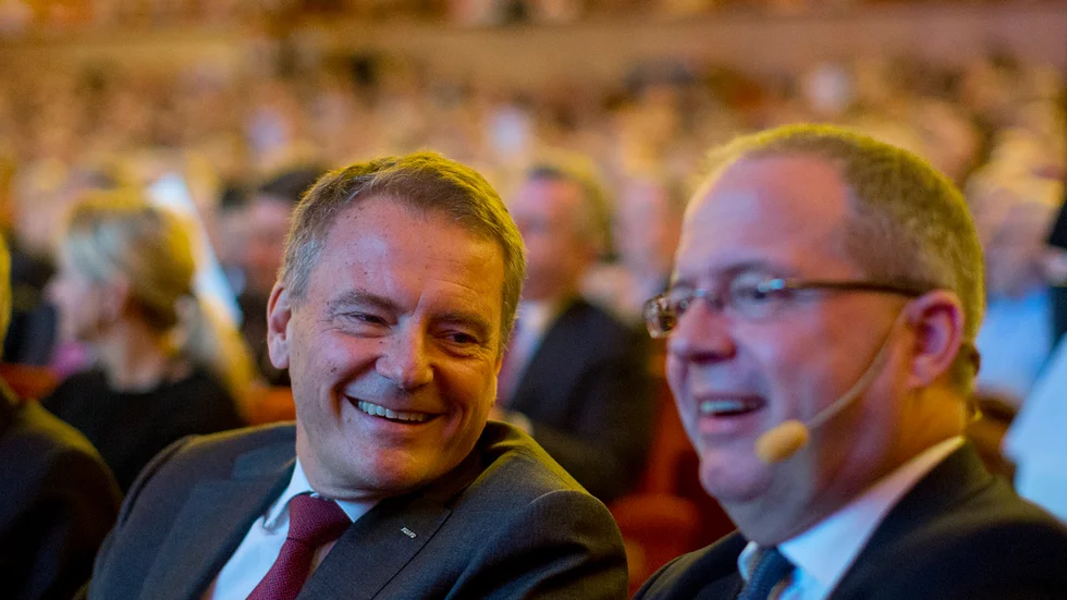 Bäst betalda styrelseordföranden 2019, AB Volvos Carl-Henric Svanberg (t.v.) med 4|075|000 kronor, här med vd Martin Lundstedt vid sin sida på en tidigare stämma. Arkivbild.