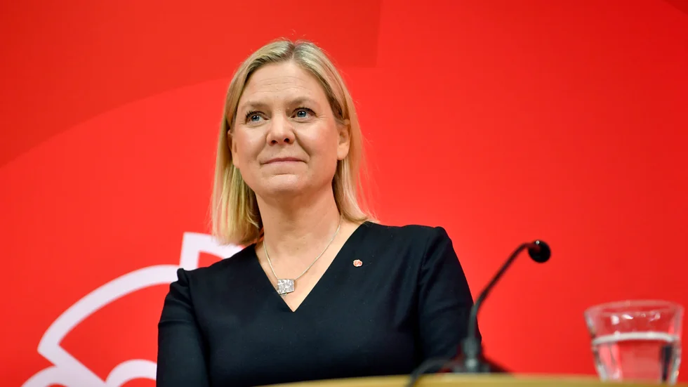 Magdalena Andersson vid dagens pressträff.