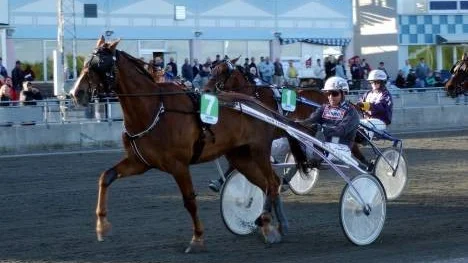 Stall Nian från Älvsbyn hade en fin kväll med två stallvinster. Först vann Baron Sund lopp 3 och här vinner Cyklon Sund första V 5-loppet.  I sulkyn  välkände Bergsåkerkusken Ulf Ohlsson.