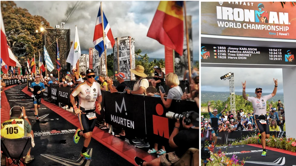 Jimmy "Hoffa" Karlsson gick tillsammans med Peggy Kleidon och Per E Häll i mål i den klassiska Ironmantävlingen på Hawaii. 3.862 kilometer simning, 180,246 kilometer
cykling och så ett maratonlopp på det