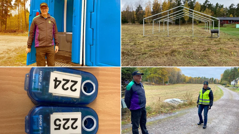 Förberedelserna inför Swedish league har pågått en längre tid. I kollaget syns arenachefen Dag Sundin utanför en av de inhyrda toaletterna, det blivande marketenteriet i Fagerhult, delar av två kontroller, samt Dag Sundin tillsammans med Ingegerd Lusensky, biträdande tävlingsledare, vid parkeringen som ska svälja drygt 600 bilar.