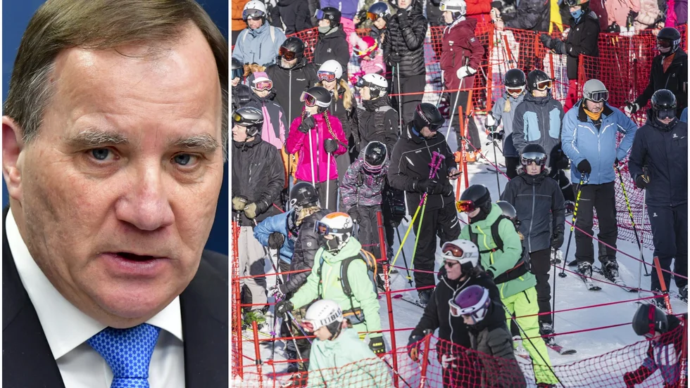 Statsminister Stefan Löfven och skidåkare på sportlov.