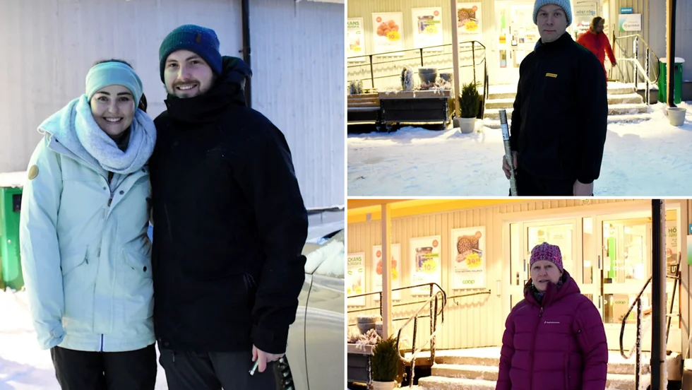 Till vänster i bild: Inedri och Jean Pierre Bonnet tycker att det är mycket lättare att handla i Jukkasjärvi än hemma i Holland. "Där måste man ha ansiktsmask", säger de. 
Högst upp till höger: "Det är jättemycket folk tidvis, vi har mycket utländska turister, speciellt den här tiden", säger Niklas Sarri.
Sista bilden: "Jag försöker handla så sällan som möjligt och istället handla mer åt gången", säger Siv Kemi. 