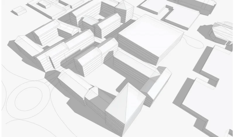 Här syns hur de nya huskropparna kan stå. Närmast till höger är Anderstorpsgymnasiet och det låga huset längst bort är Tipshuset. 