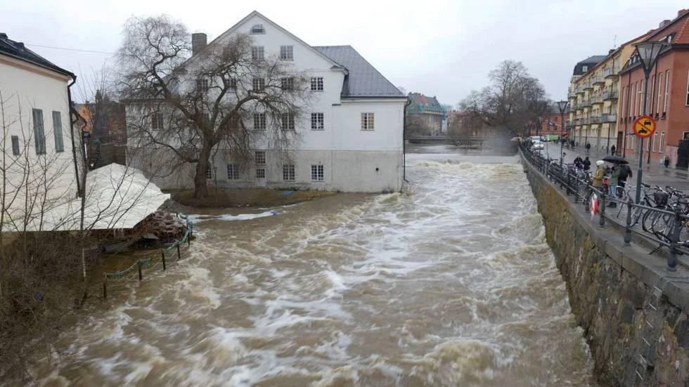 Vårfloden kommer allt tidigare i Sverige. Ibland leder höga vattenflöden till svåra översvämningar. Bilden visar Fyrisån i centrala Uppsala 19 april 2013. Arkivbild.