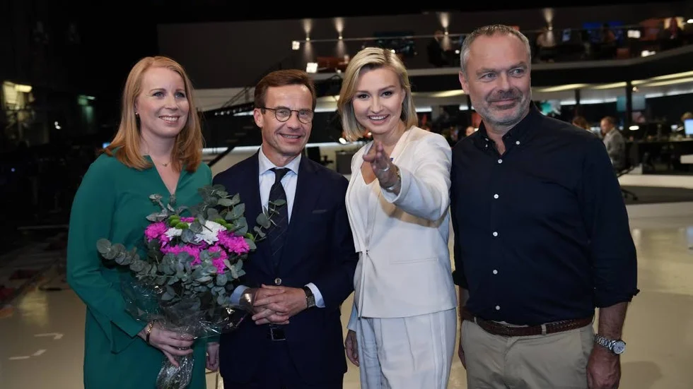 STOCKHOLM 20180909
Alliansens partiledare Annie Lööf (C), Ulf Kristersson (M), Ebba Busch Thor (KD) och Jan Björklund (L) på SVT:s valvaka.
Foto: Stina Stjernkvist / TT / kod 11610