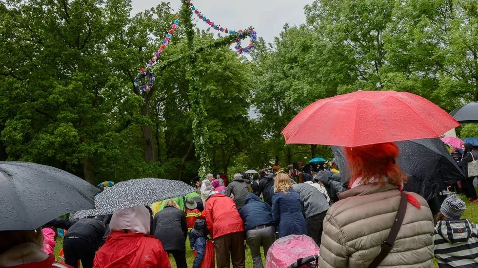 STOCKHOLM 20150619
Många hade trotsat regn och rusk för att ta sig till Jakobsbergs gård i Bredäng utanför Stockholm för att fira midsommar.  
Foto Jonas Ekströmer / TT / kod 10030