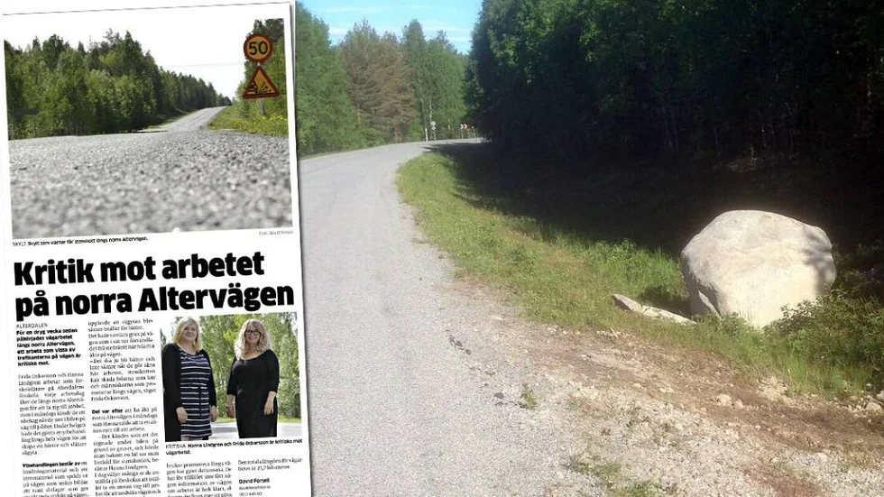 UNDER ASFALTEN. "Den här stora stenen, uppgrävd mitt i vägen nära korsningen Holmträskvägen-Norra Altervägen-Jaktbergsvägen kan ge en viss information om hur underlaget är på delar av dessa vägavsnitt", skriver Anders Nordin i sin insändare.
