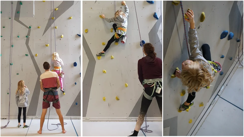 Det är på väggen i Tessinskolans gympasal som Nyköpings Klätterklubb vill anordna prova-på-pass. På de här bilderna klättrar Lova Statheus och Julie Holmqvist medan Anton Nilsson respektive Janna Holmqvist säkrar från golvet.