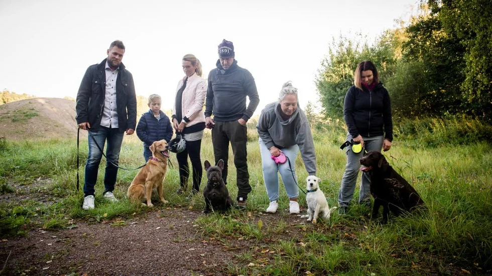 På bilden: David och Johanna Ekynge med son och hunden Kira, Thomas Blomqvist med Göte, Helena Johansson med Elsa och Karin Halldin med Kenzo.