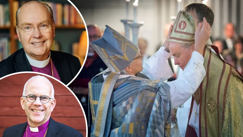 Nu står det mellan Johan Dalman och Martin Modéus. Här syns också Svenska kyrkans nuvarande ärkebiskop, Antje Jackelén, och Johan Dalman under hans biskopsvigning i Uppsala domkyrka hösten 2015.
