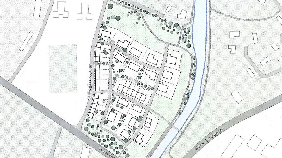 FÖRSLAG. Det här är ett förslag på hur bebyggelsen skulle kunna utformas på Tjärnbacken i Boden med en å-promenad in till centrum.
