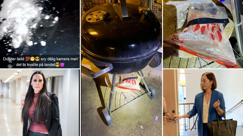 En amfetamingömma i klotgrillen, videoklipp där narkotika hälls upp på en tallrik. Det ingår i narkotikautredningen med koppling till Skellefteå. Advokaterna Anna Melander (till vänster) och Carolina Nilsson är försvarare för de två som var mest delaktiga, enligt den fällande domen.