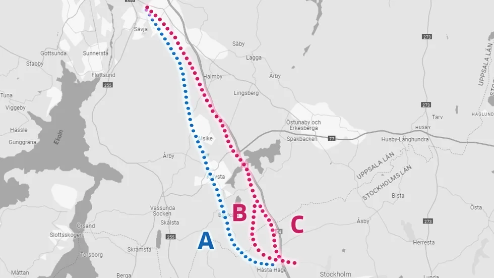 Fyrspåret Knivsta. Om de två nya spåren dras utmed den nuvarande rälsen (blå linjen) så kommer all trafik fortsätta att gå genom Knivsta tätort och fortsätta på Ostkustbanan söderut. De andra två alternativen (röda) är sträckningar från Alsike nya station och utmed E4, båda långt från Knivsta station. De röda ska ansluta till Arlandabanan.