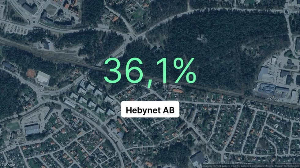 Illustrationen visar rörelsemarginalen för Hebynet för det senaste året. Bakgrunden är en satellitbild över företagets adress.