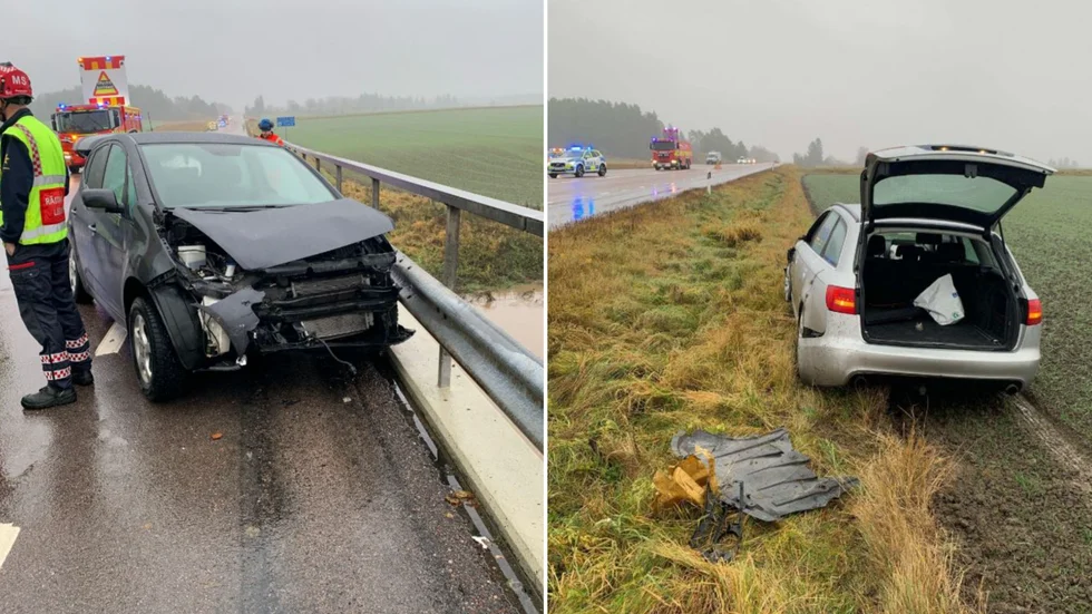 Den mötande bilen, till vänster, blev kraftigt demolerad och paret i den chockades. Den påverkade föraren hamnade ute på åkern med sin bil, till höger.